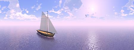 28849275 - one sailing boat floating on the water next to seagull by sunset, 360 degrees effect