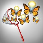21492111 - gather ideas creativity concept with a butterfly net shaped as a human head collecting inovative solutions as a group of flying illuminated light bulbs with insect wings for business success