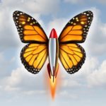 Creative breakthrough business metaphor as a rocket with monarch butterfly wings blasting off to higher levels of success as a symbol of the power and speed of innovation and invention on a sky background